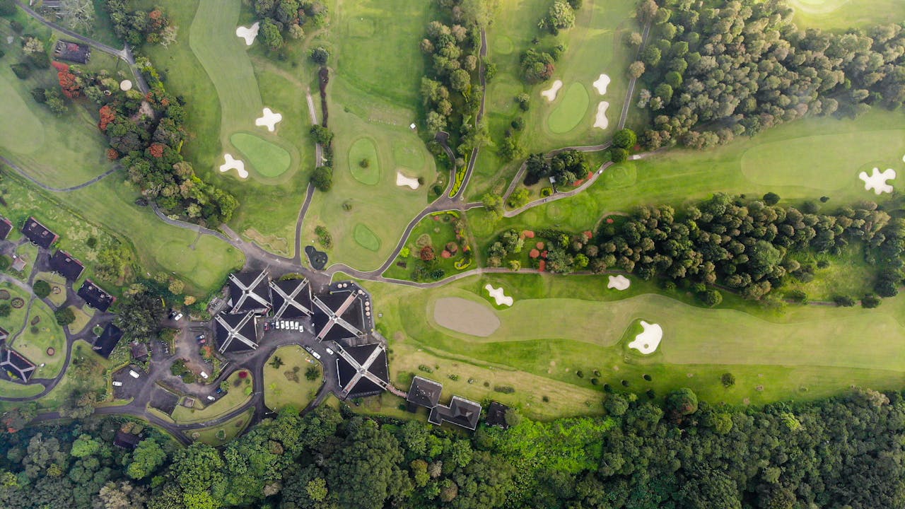 A breathtaking aerial view of a luxurious golf course in Bali, Indonesia.